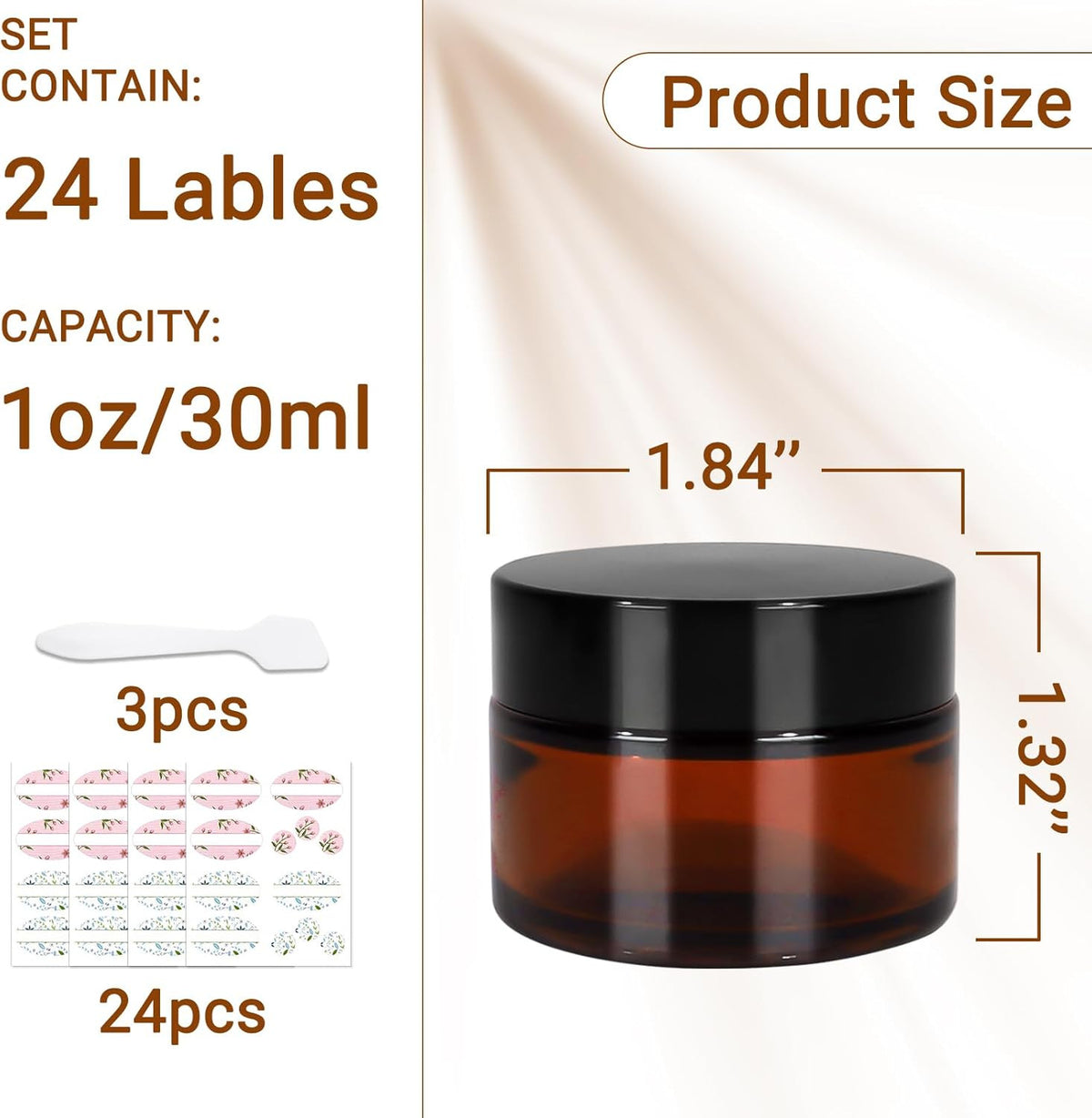 24 Pack 1 oz Amber Glass Cosmetic Jars with Black Lids and Labels