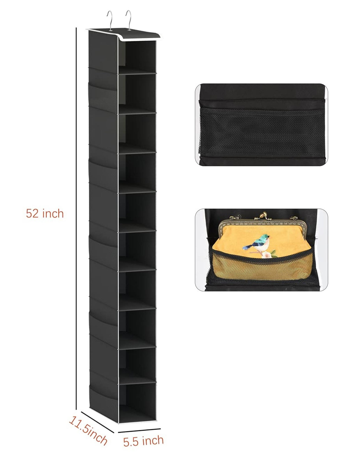 10-Shelf Hanging Shoe Organizer with Side Pockets and Hooks - Black