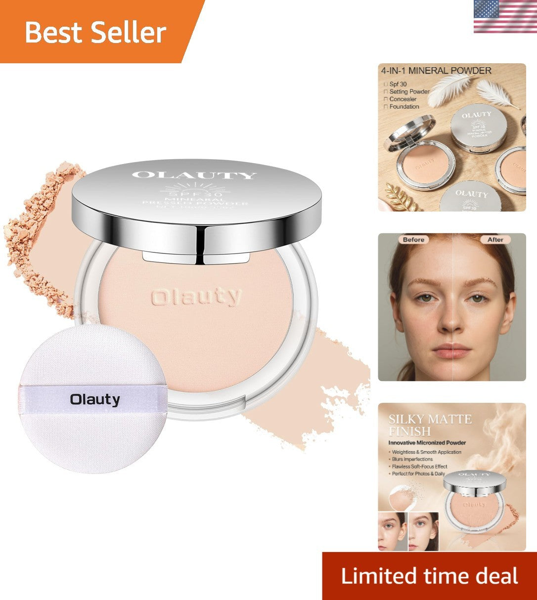 Mineral Powder Foundation with SPF 30+ - 4-in-1 Matte Cover, Light to Medium