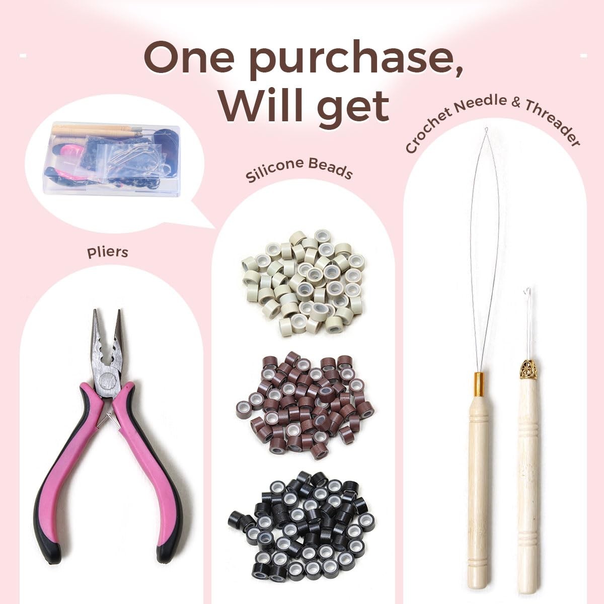 Hair Extension Tools Kit, 300 Silicone Beads, Basic 3 color