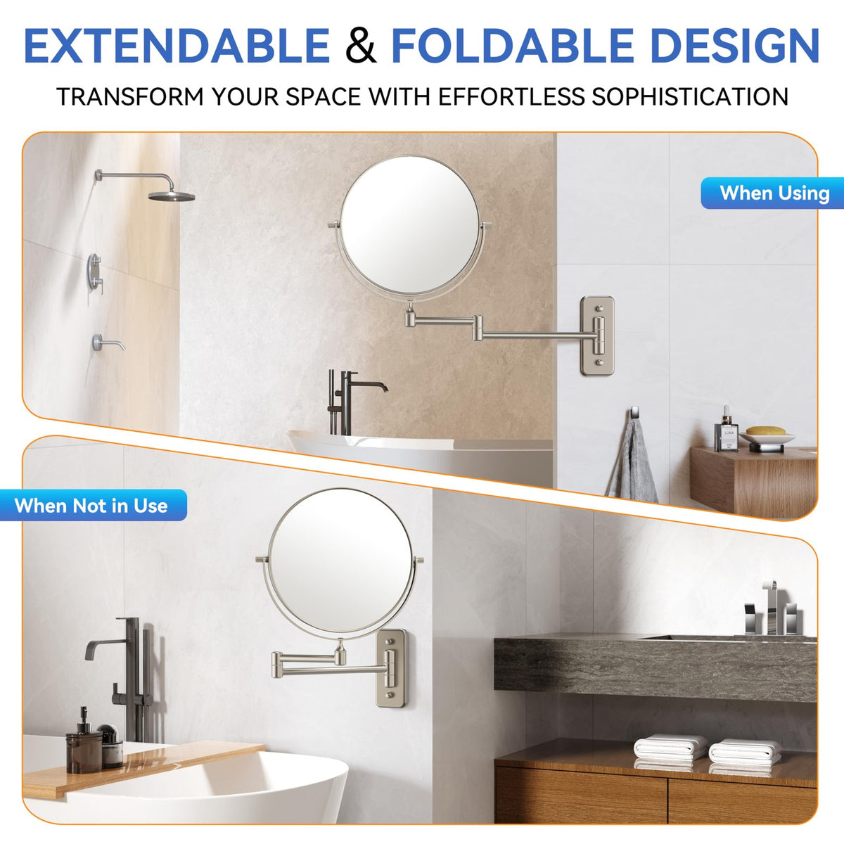 Wall Mounted Makeup Mirror with 1X/30X Magnification, Extendable Swivel, Nickel Finish
