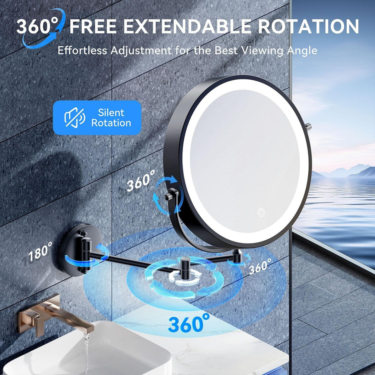 Rechargeable Wall Mounted Lighted Makeup Mirror with 30X Magnification, Dimmable LED, 9 Inch