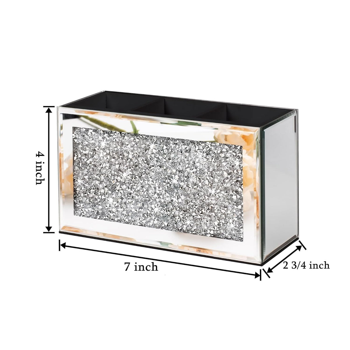 Mirrored Makeup Brush Holder Organizer with Crushed Diamond - 3 Slots