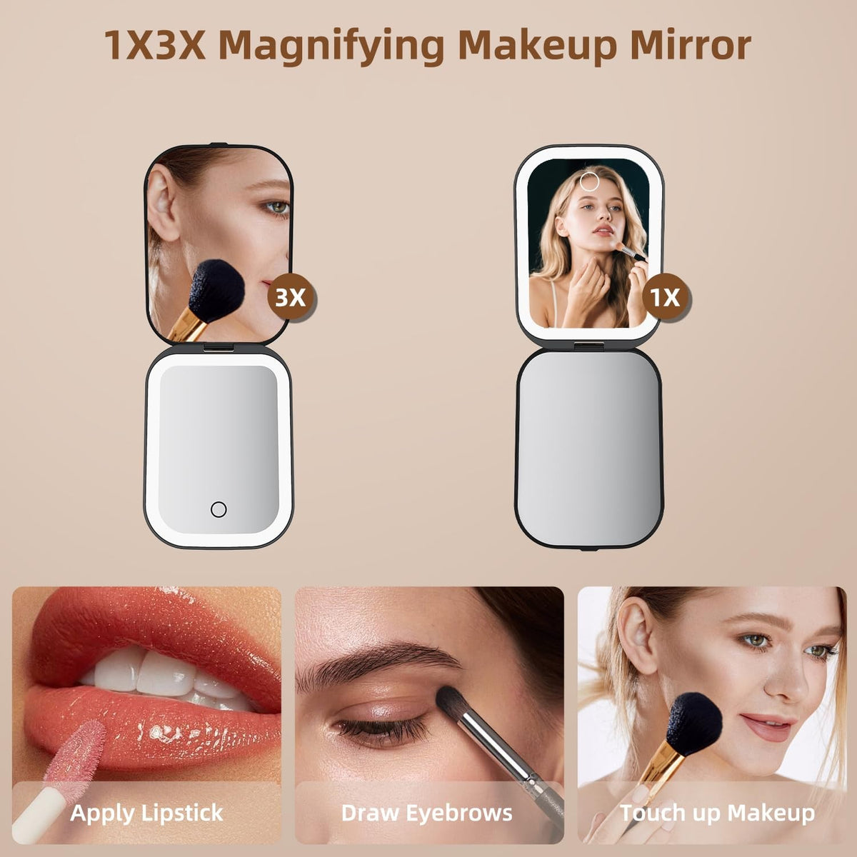 Black LED Compact Makeup Mirror with 1X/3X Magnification & Adjustable Lighting