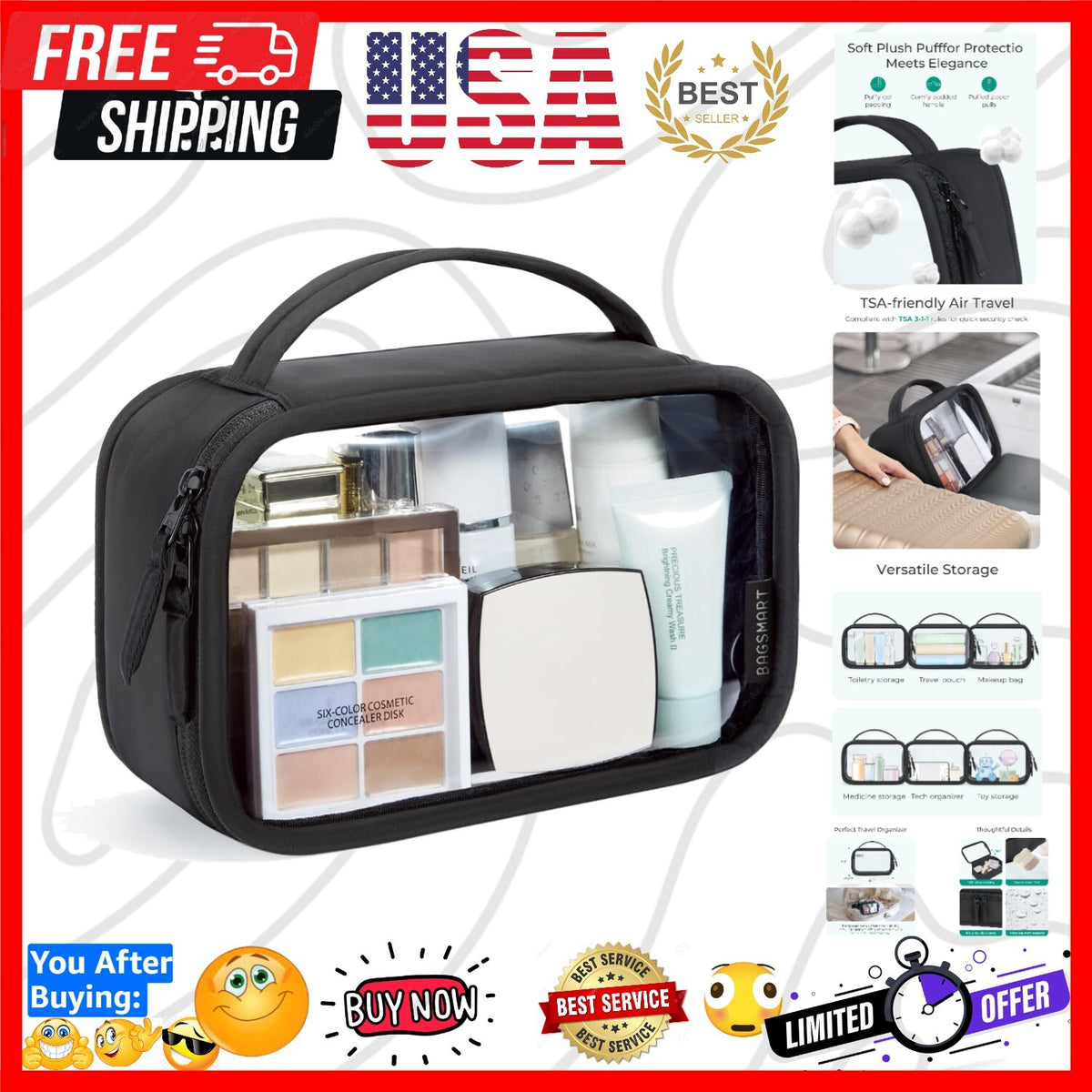 Water-Resistant TSA Makeup and Toiletry Bag with Clear PVC Panel
