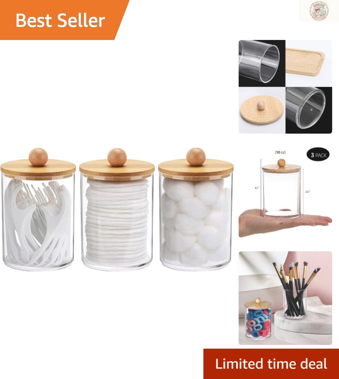 10 Oz Clear Bathroom Apothecary Jar Set with Wooden Lids - 3 Pack