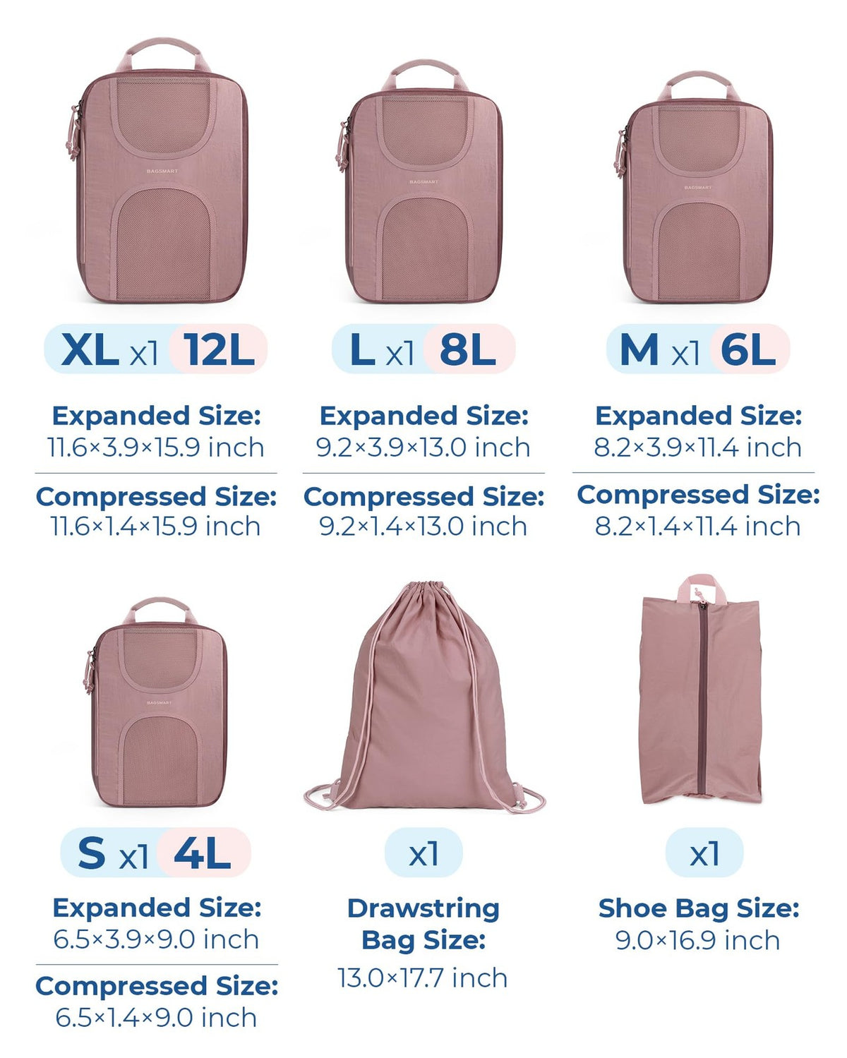 BAGSMART 6-Piece Compression Packing Cubes Set, Large, Dusty Pink