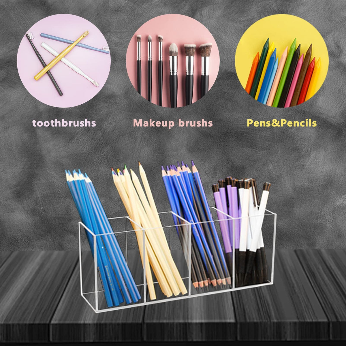 4-Compartment Acrylic Pen & Makeup Brush Holder Desktop Organizer
