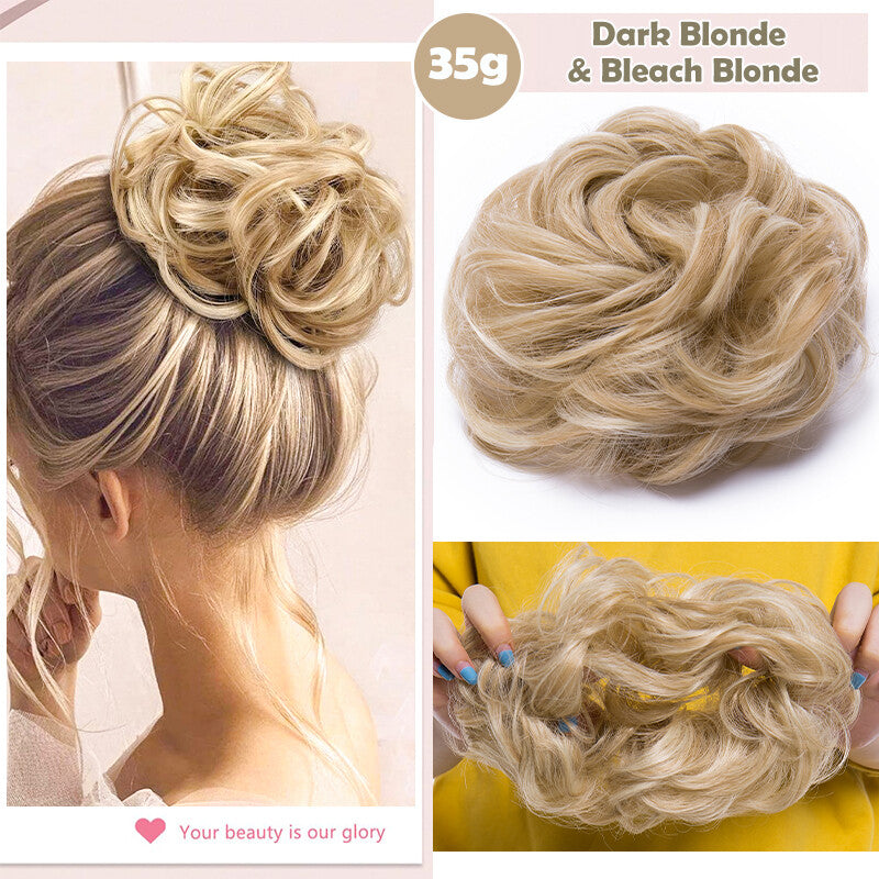 Natural Human Hair Messy Bun Ponytail Extensions with Curly Scrunchie Updo