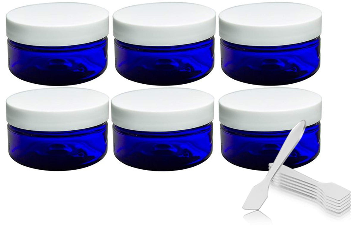 Cobalt Blue Heavy Wall Plastic Refillable Cosmetic Jar with White Lid 2 oz - 6 Pack