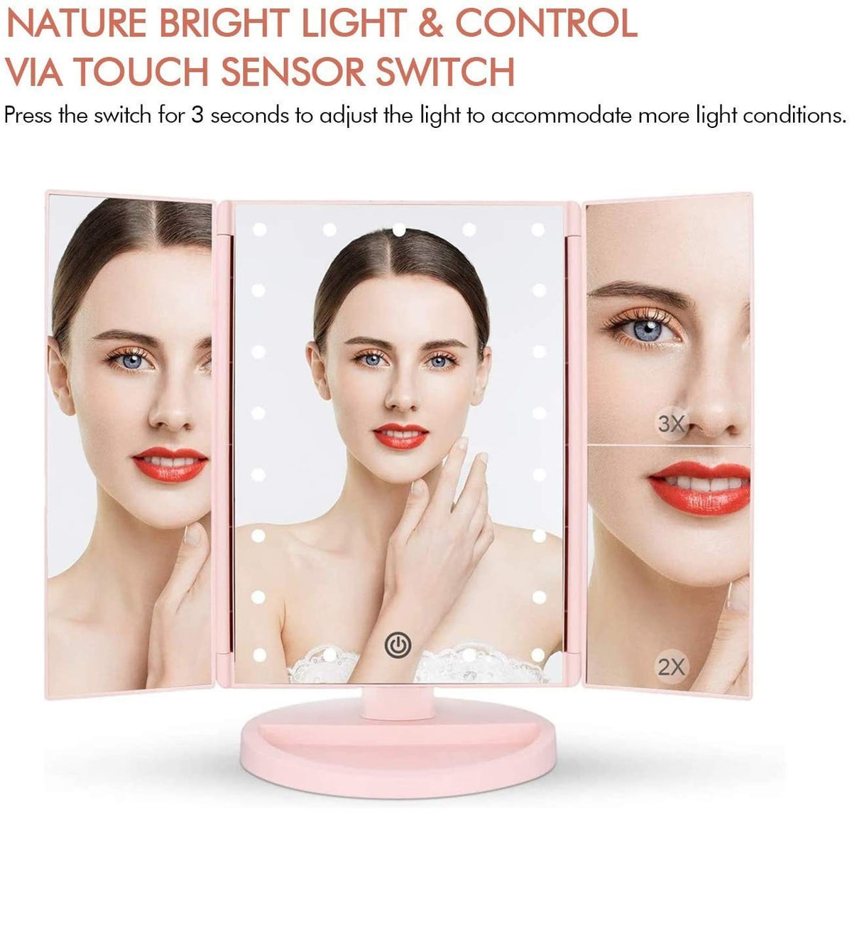 Tri-Fold Lighted Vanity Mirror with 3X/2X Magnification, 21 LEDs, Touch