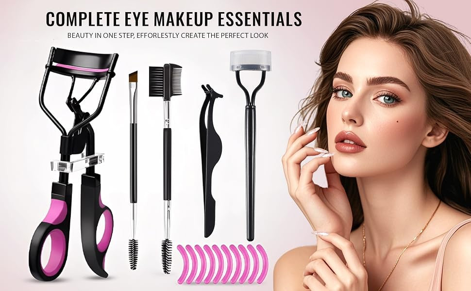 Multi-Function Eyelash & Eyebrow Kit with Curler Comb Tweezers & Brushes