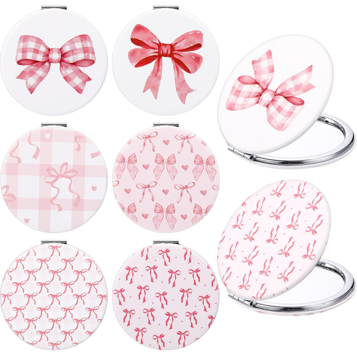 6 Pack Pink Bow Compact Mirrors - Double Sided Makeup & Travel Mirrors