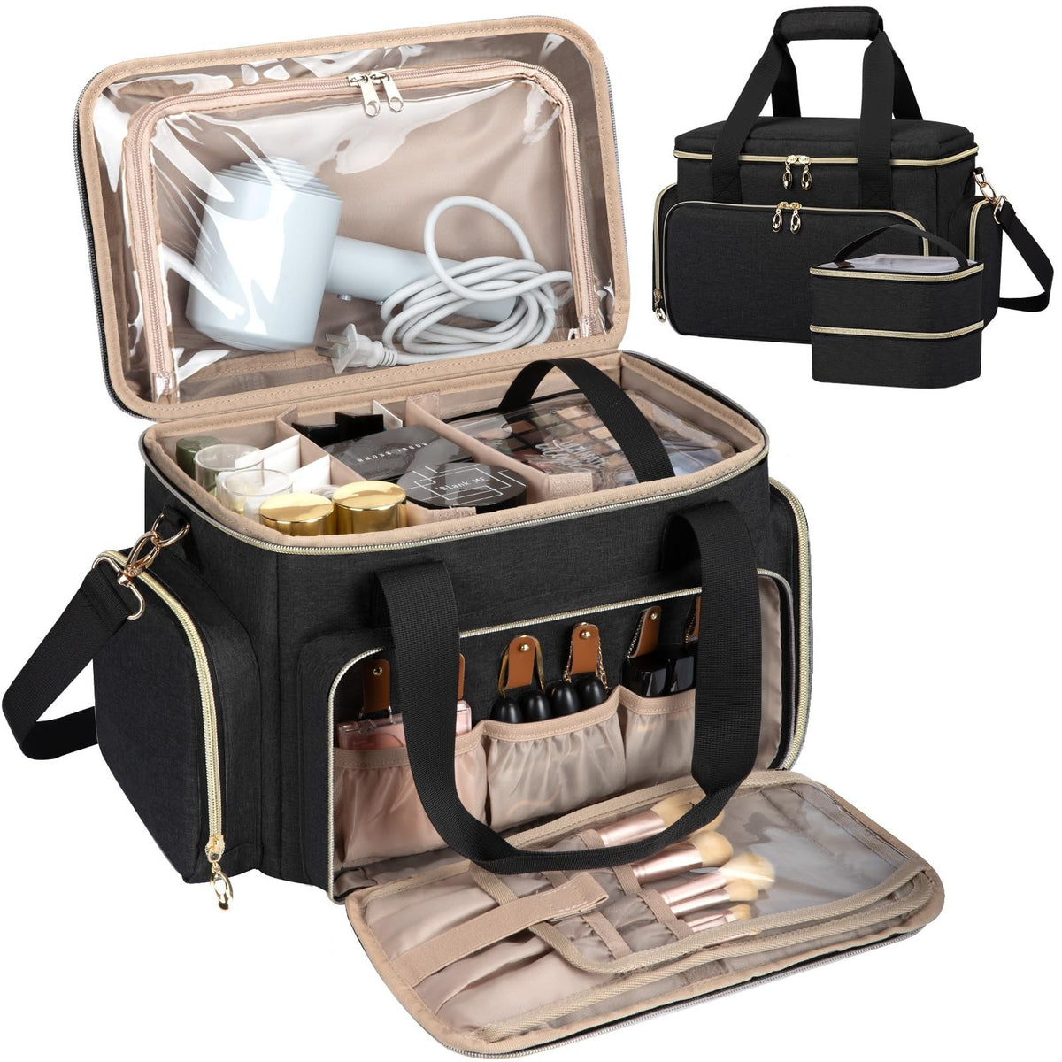 Large Travel Makeup Bag Organizer with Brush Compartments - Black