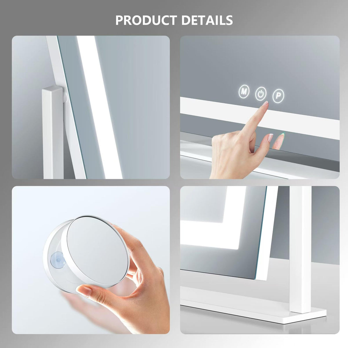 Lighted Vanity Mirror with 360° Rotation and Detachable 10X Magnifier