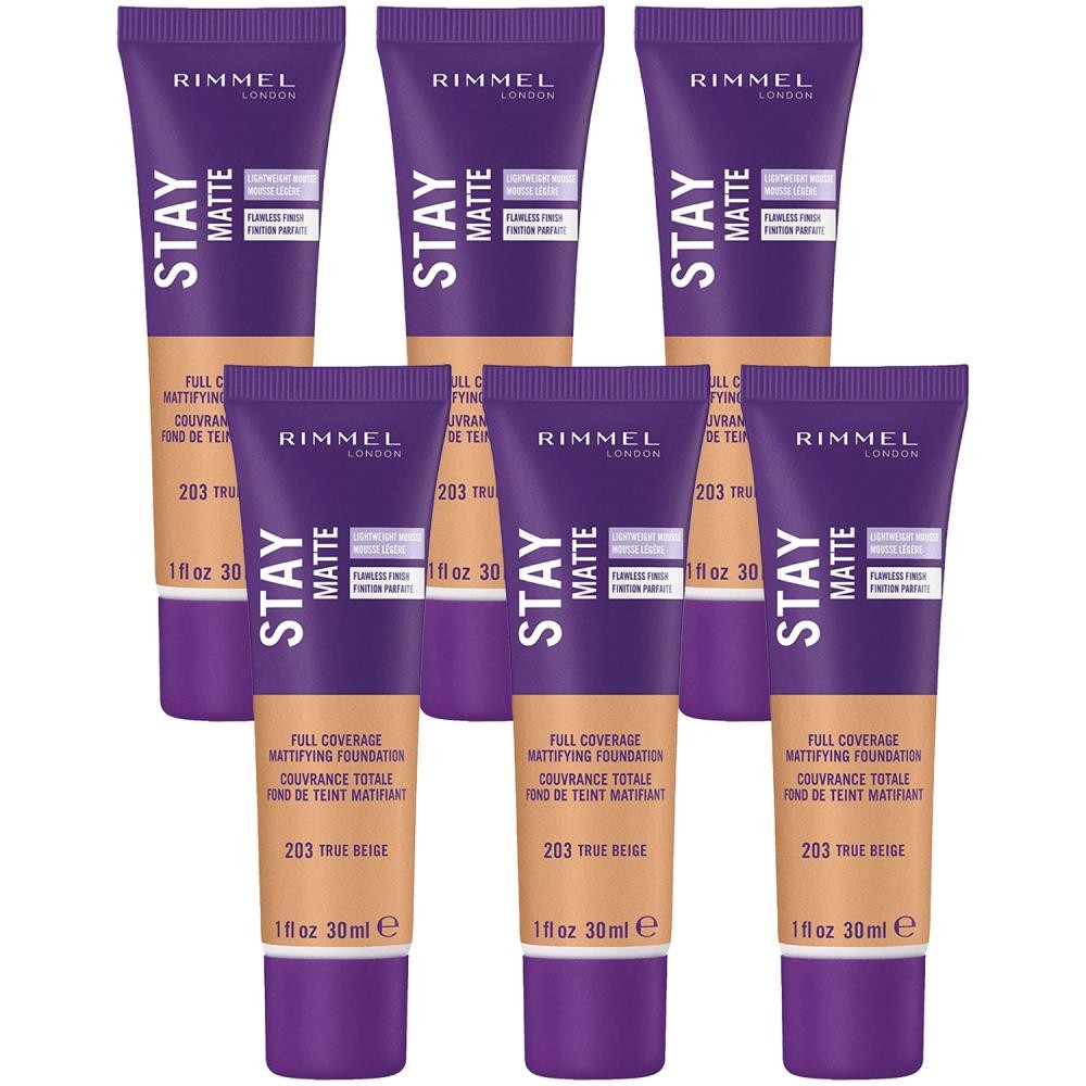 6 Pack Rimmel Stay Matte Liquid Foundation 203 True Beige - Oil-Free, Long-Lasting