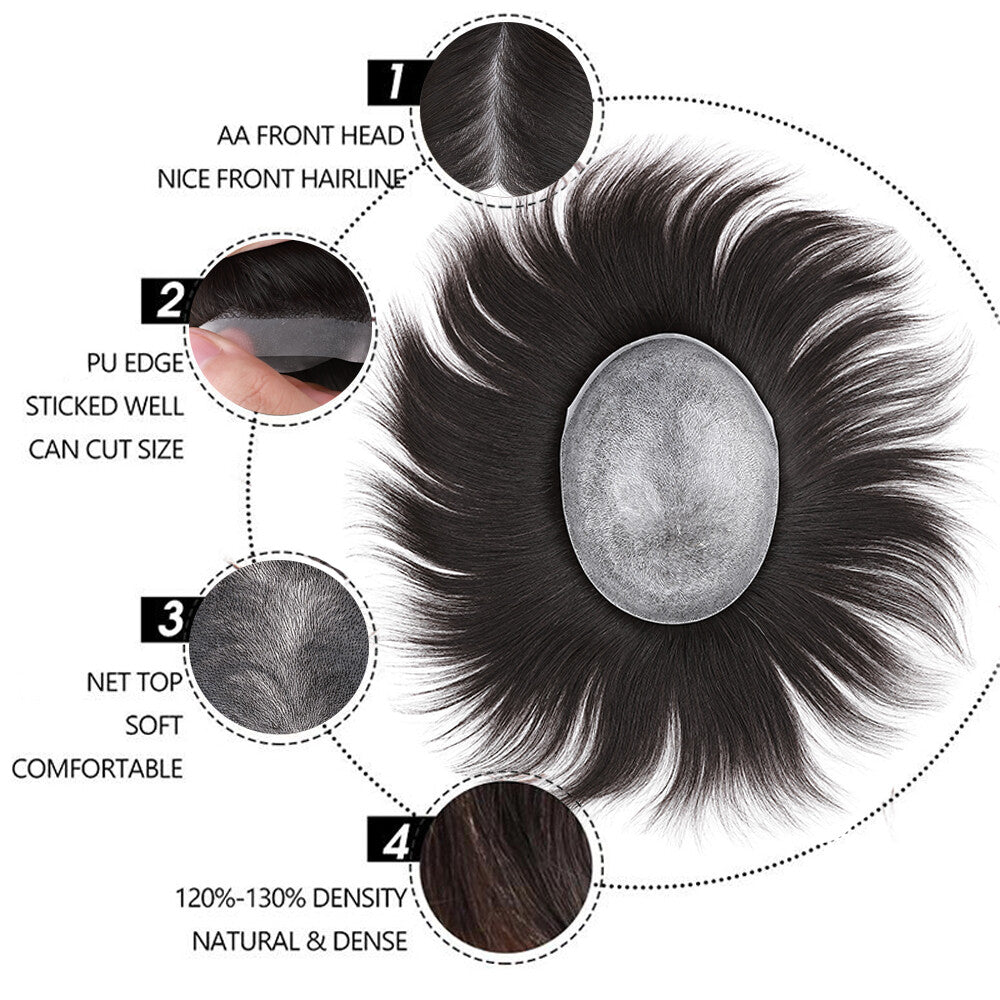 Super Thin Skin Men's Human Hair Toupee Hair Replacement System - Natural Look