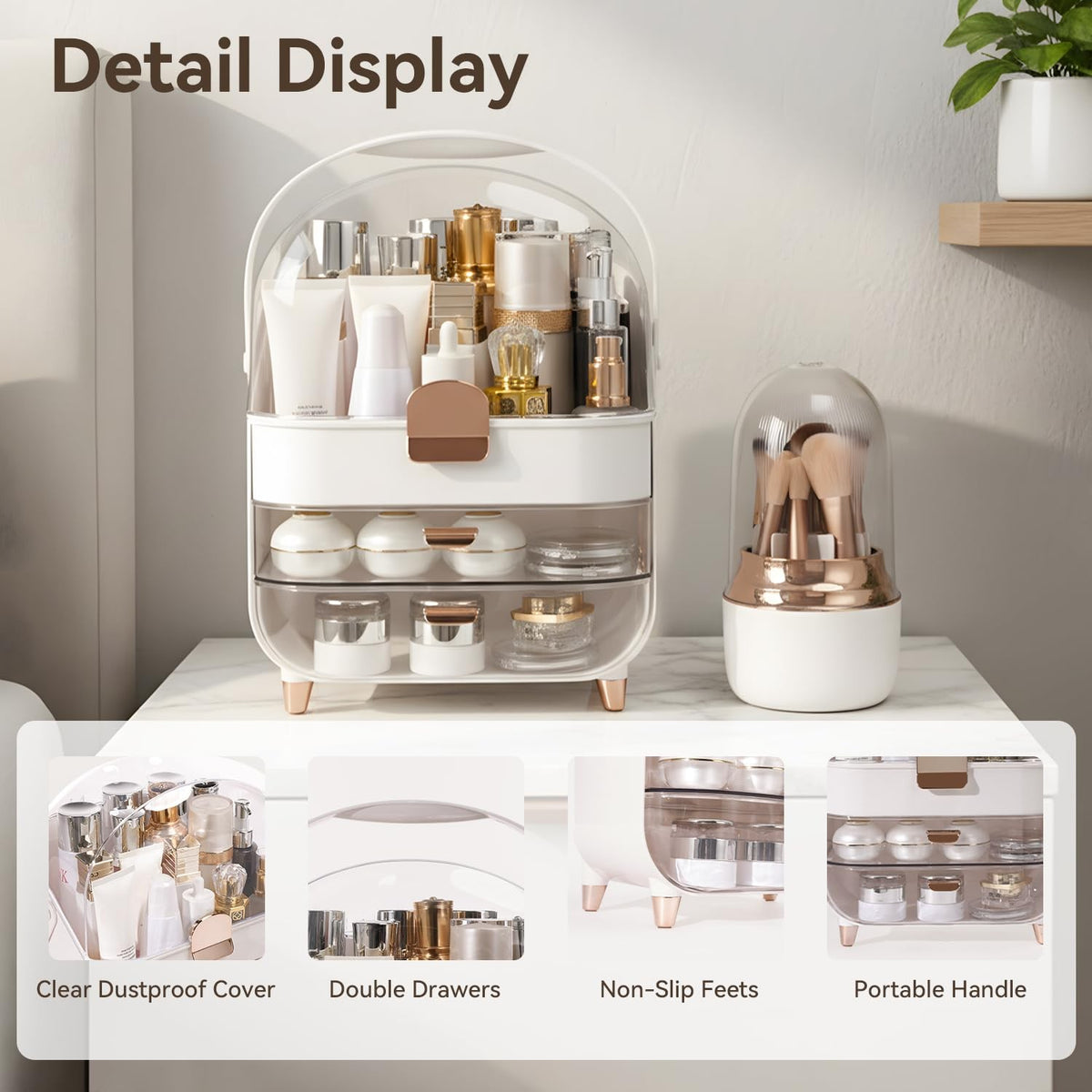 Rose Gold Makeup Organizer with Drawers & Brush Holder for Vanity
