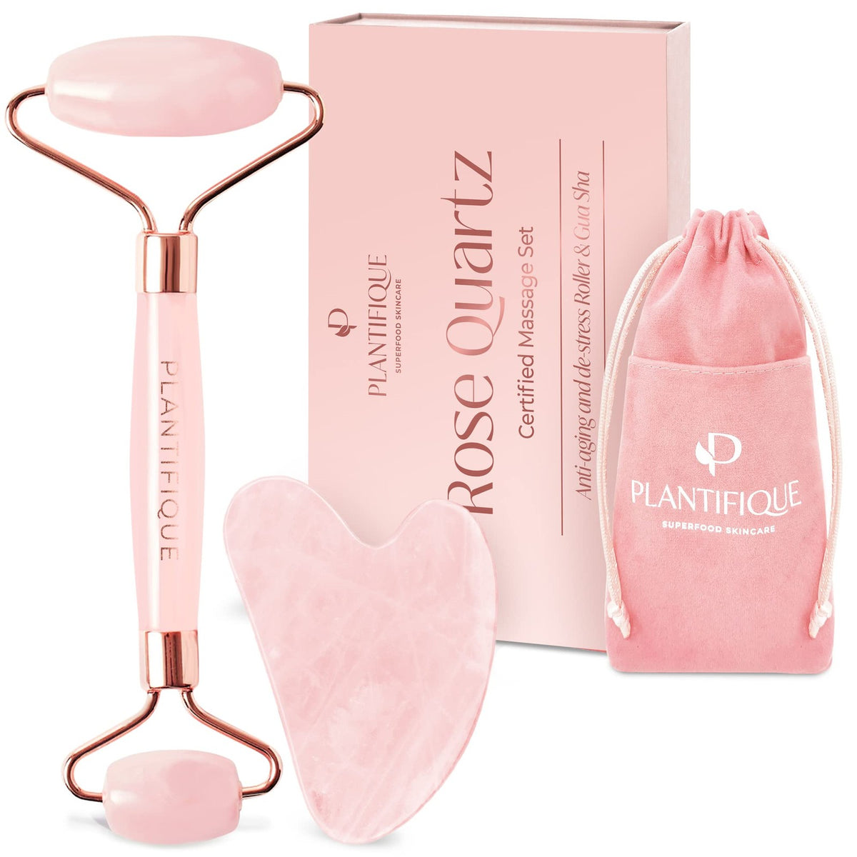Face Roller and Gua Sha Set - Rose Quartz Facial Massager for Skin Tightening and Puffiness Reduction