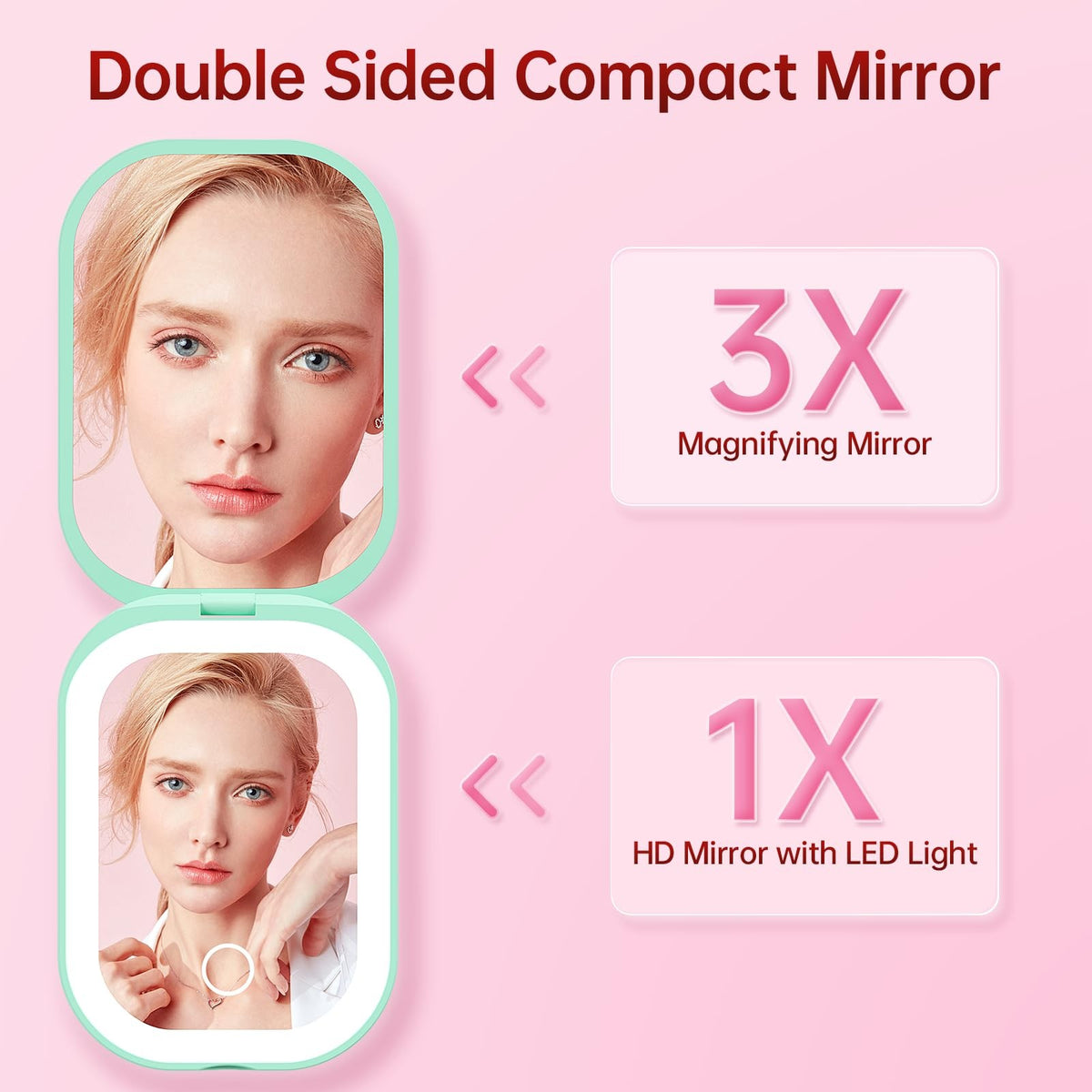 Lighted Compact Travel Mirror with 3 Color Lights 1X/3X Magnification - Green