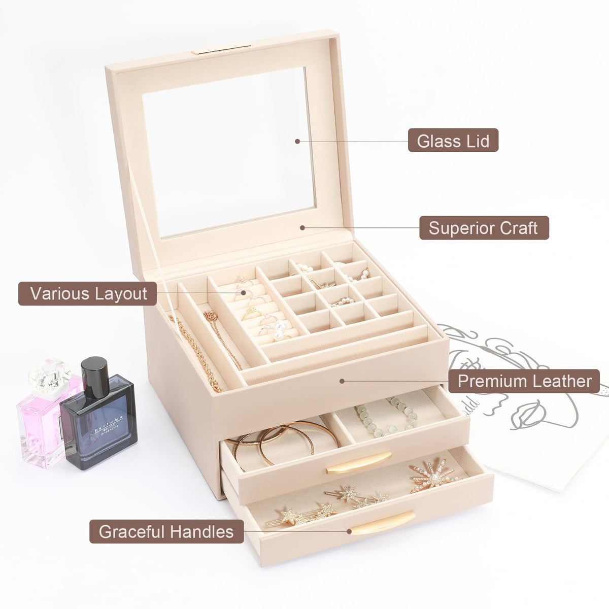 Jewelry Organizer Box with Glass Lid, 3-Tier Necklace and Earring Storage