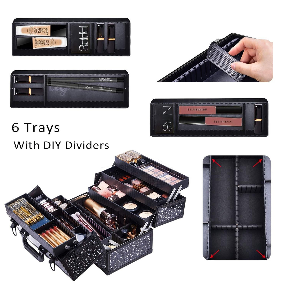 Large Makeup Train Case with 6 Adjustable Trays and Locking Lid - Professional Cosmetic Organizer