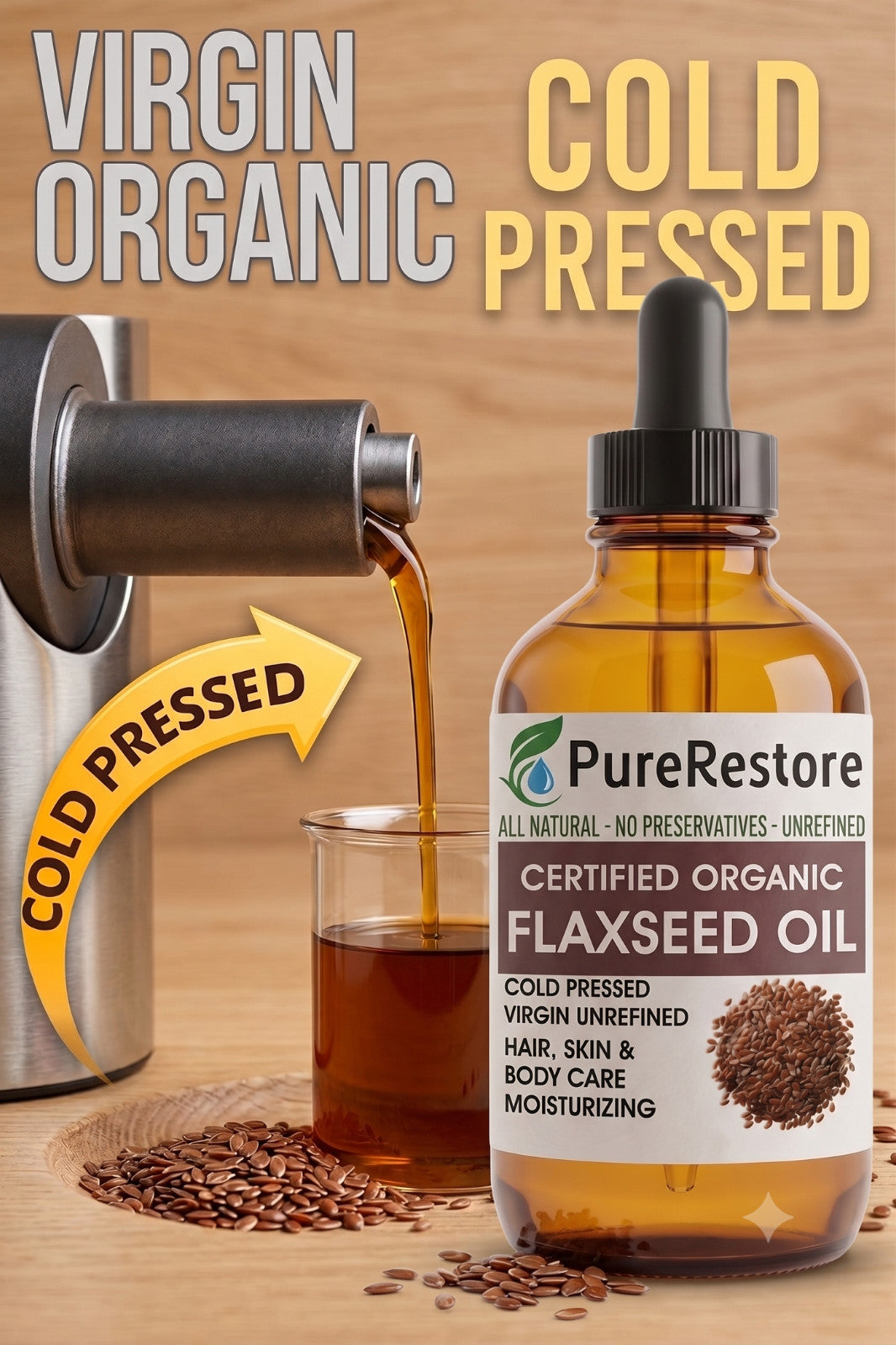 Flaxseed Oil Cold-Pressed Organic Carrier Oil for Skin & Hair - 100% Pure