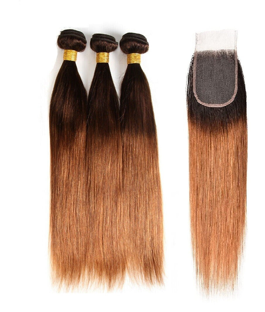 Ombre Straight Hair Extensions 3 Bundles with Closure - Natural Black, 8-30 Inch