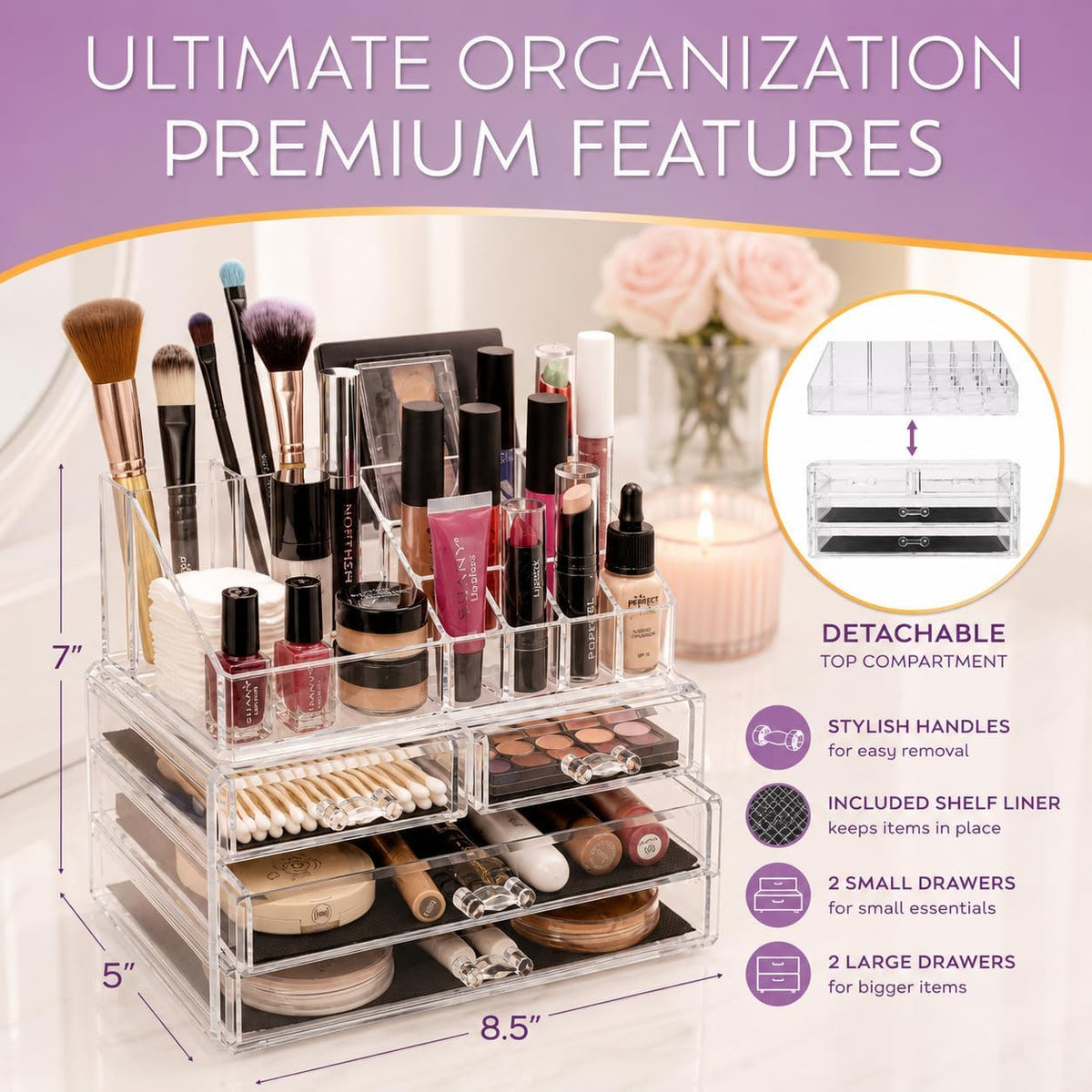 Acrylic Makeup Organizer Countertop with Drawers and Compartments