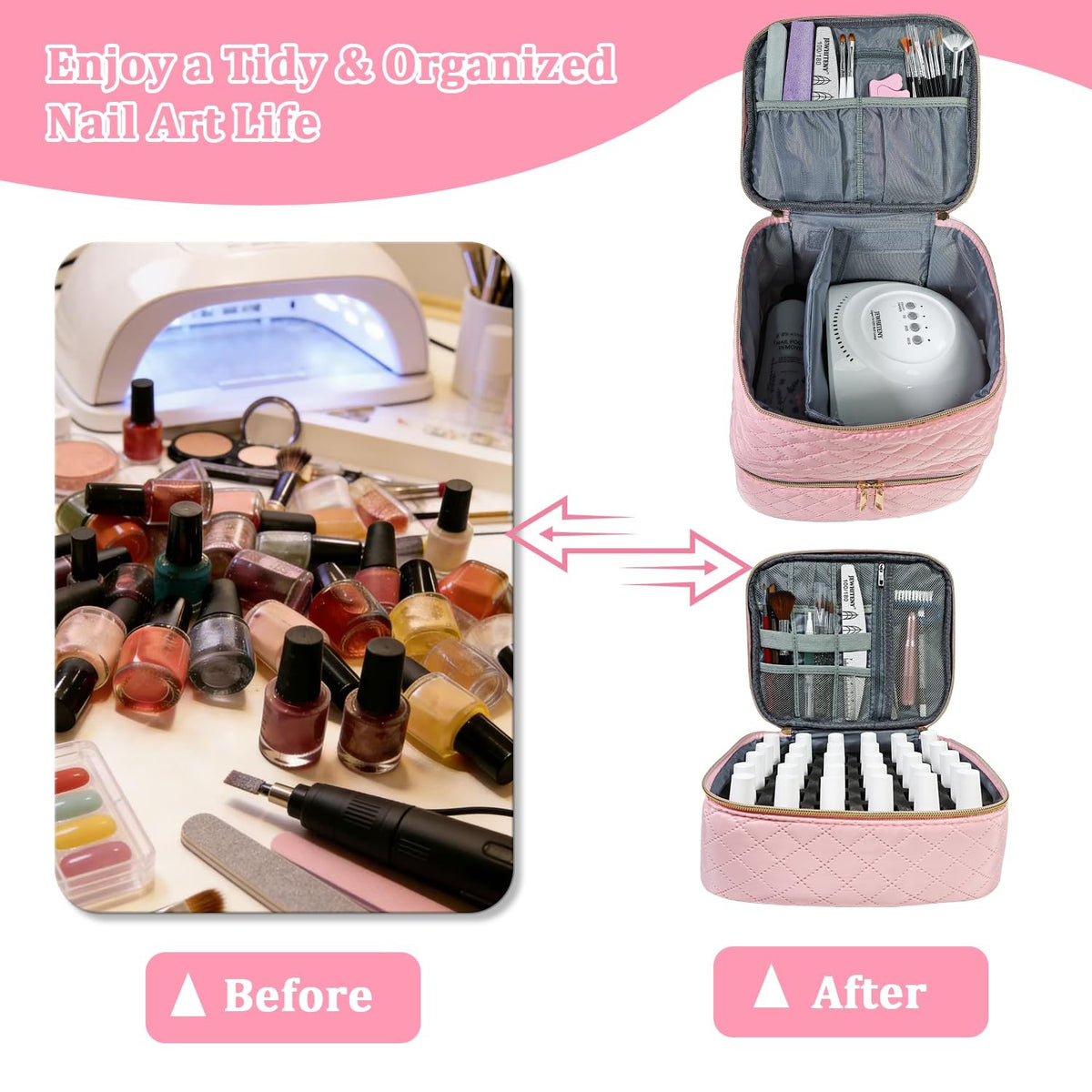 Pink Double Layer Nail Polish Organizer Bag Holds 30 Bottles & Lamp Kit