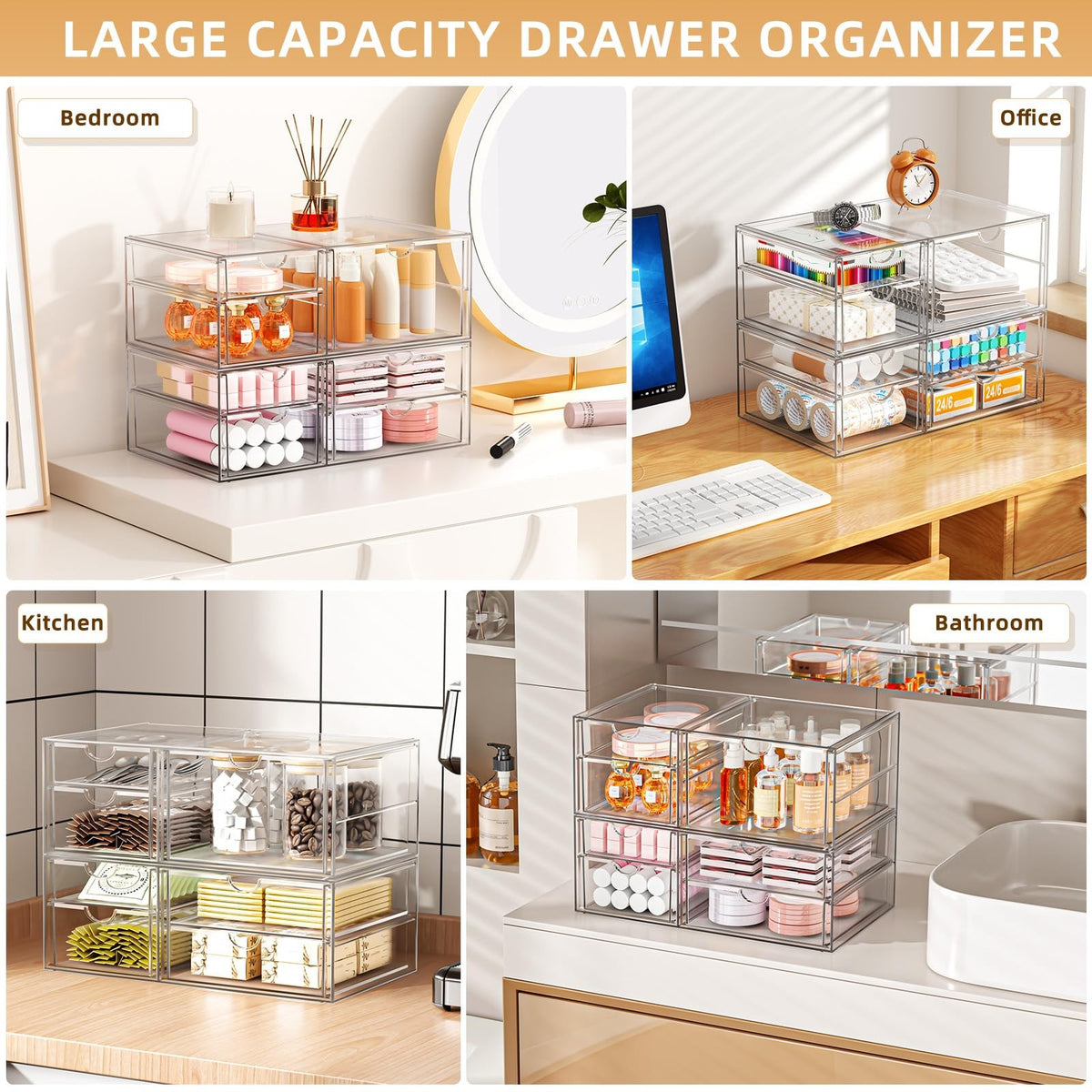 Stackable Acrylic Storage Drawers for Makeup, Bathroom, and Office Organization - 7 Compartments