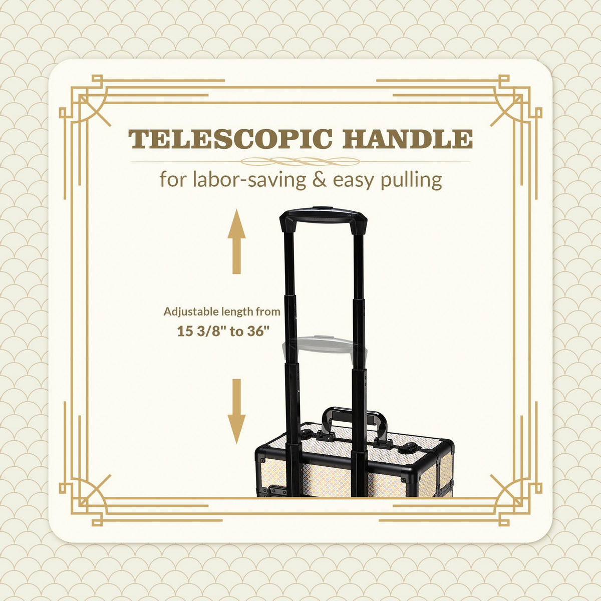 Rolling Makeup Train Case on Wheels - Art Deco Cosmetic Trolley with Extendable Trays