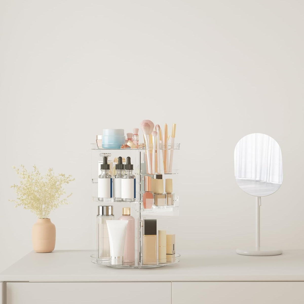 Rotating Makeup Organizer with Adjustable Layers and Brush Holders – 360° Silent Spin