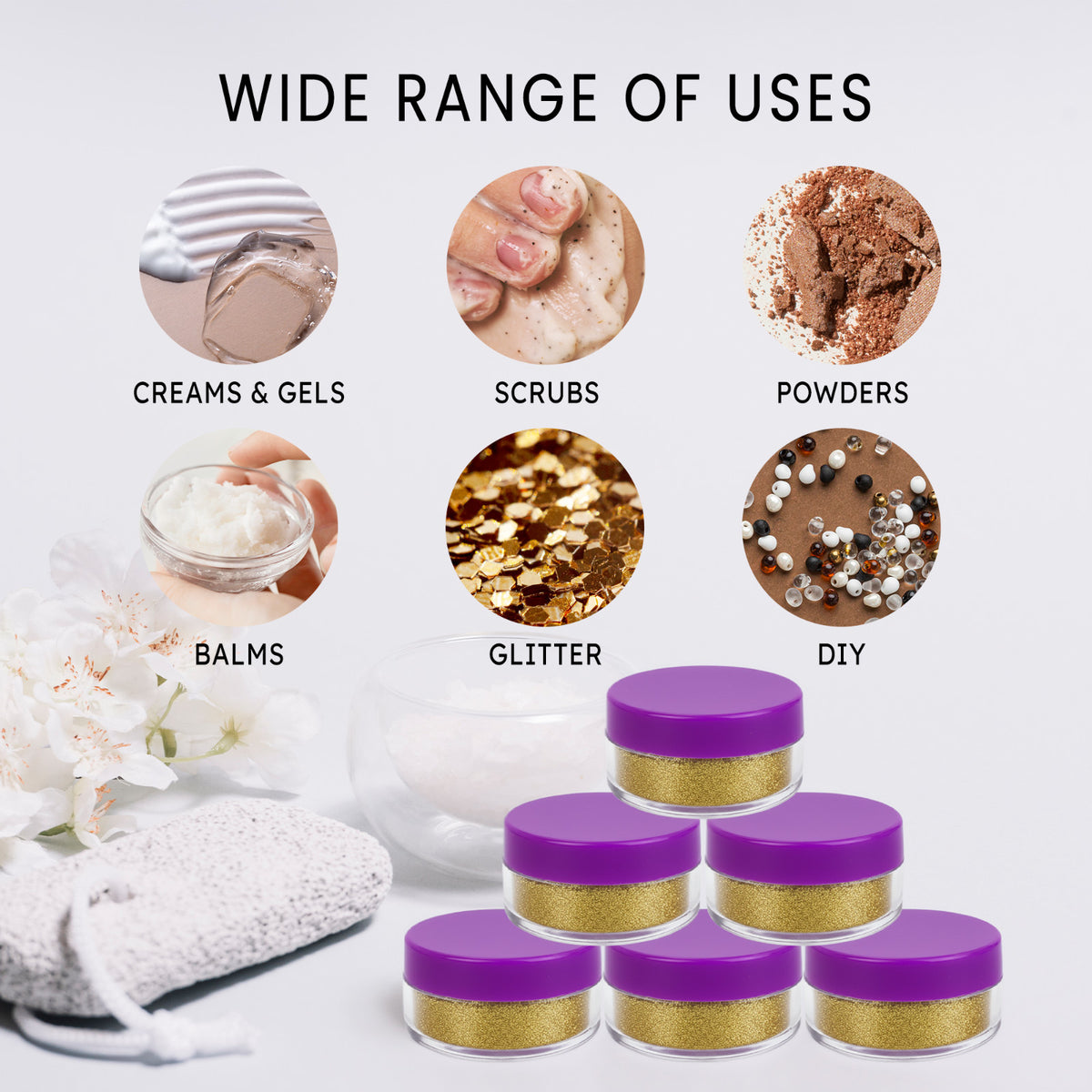 600 Pack 10G Cosmetic Sample Jars with Purple Lids - Clear Plastic Reusable Containers