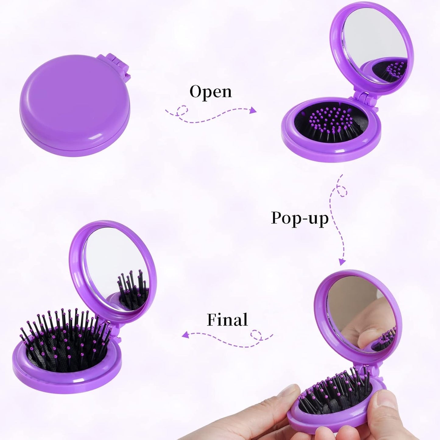 2pcs Folding Travel Hair Brushes Round Mirror Compact Rose Red & Purple