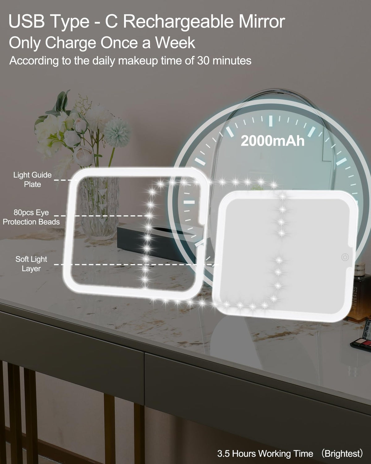 Makeup Mirror with Lights - Rechargeable LED Vanity Mirror for Makeup Bag, 3 Color Modes