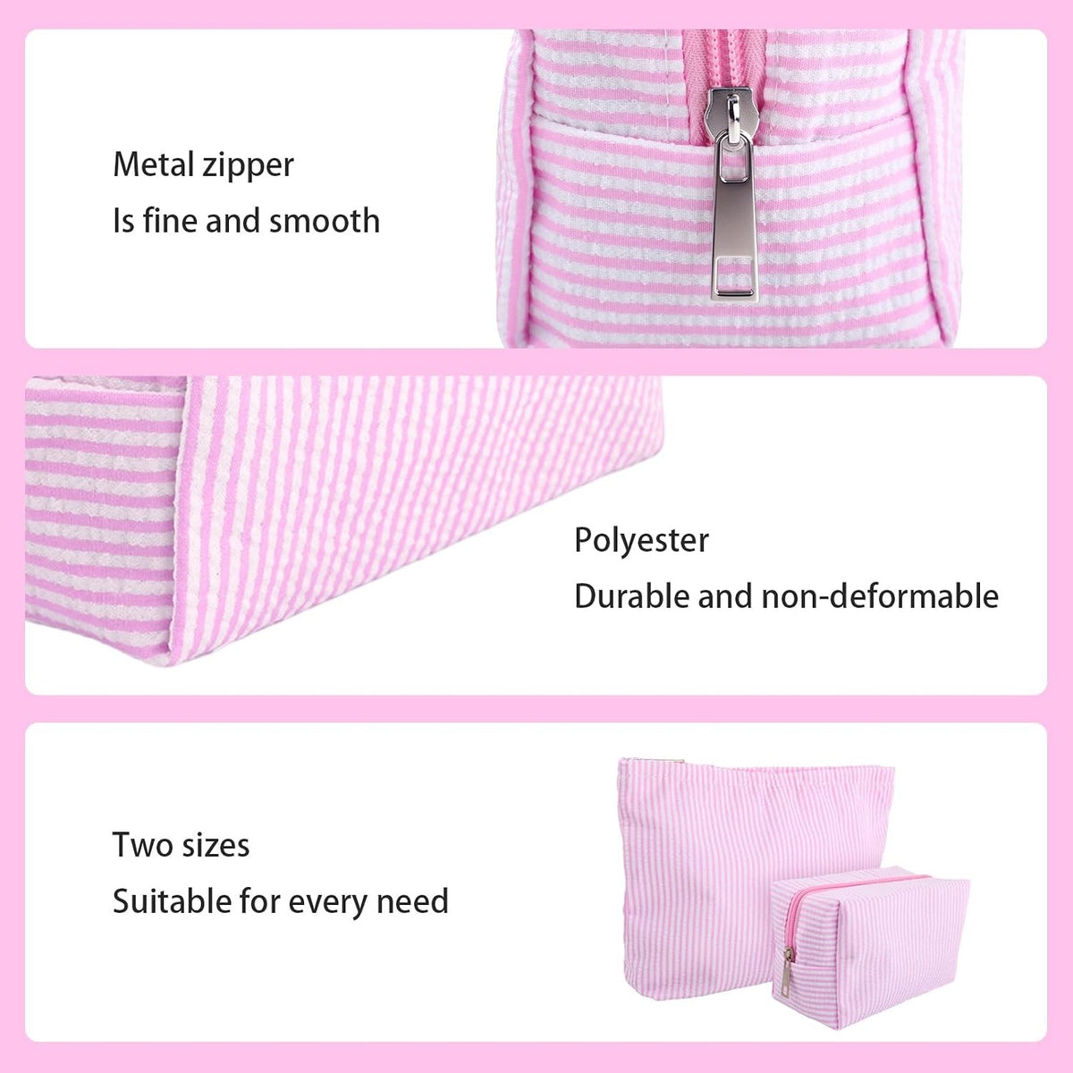 Pink Striped Makeup Bag Set for Women - Cosmetic and Travel Organizer