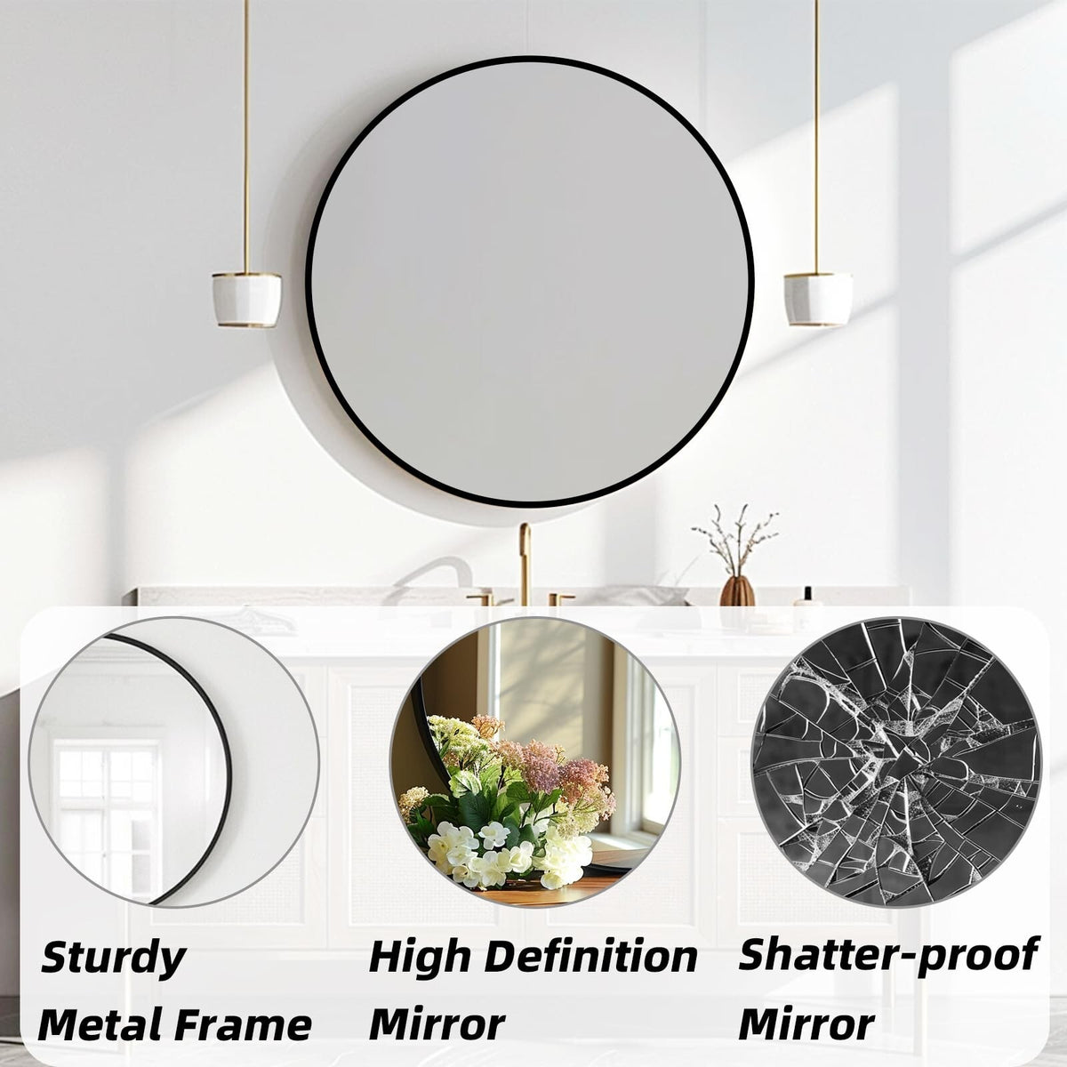 Round Wall Mirror 20 Inch Black Aluminum Frame - Modern Circle Wall Mirror
