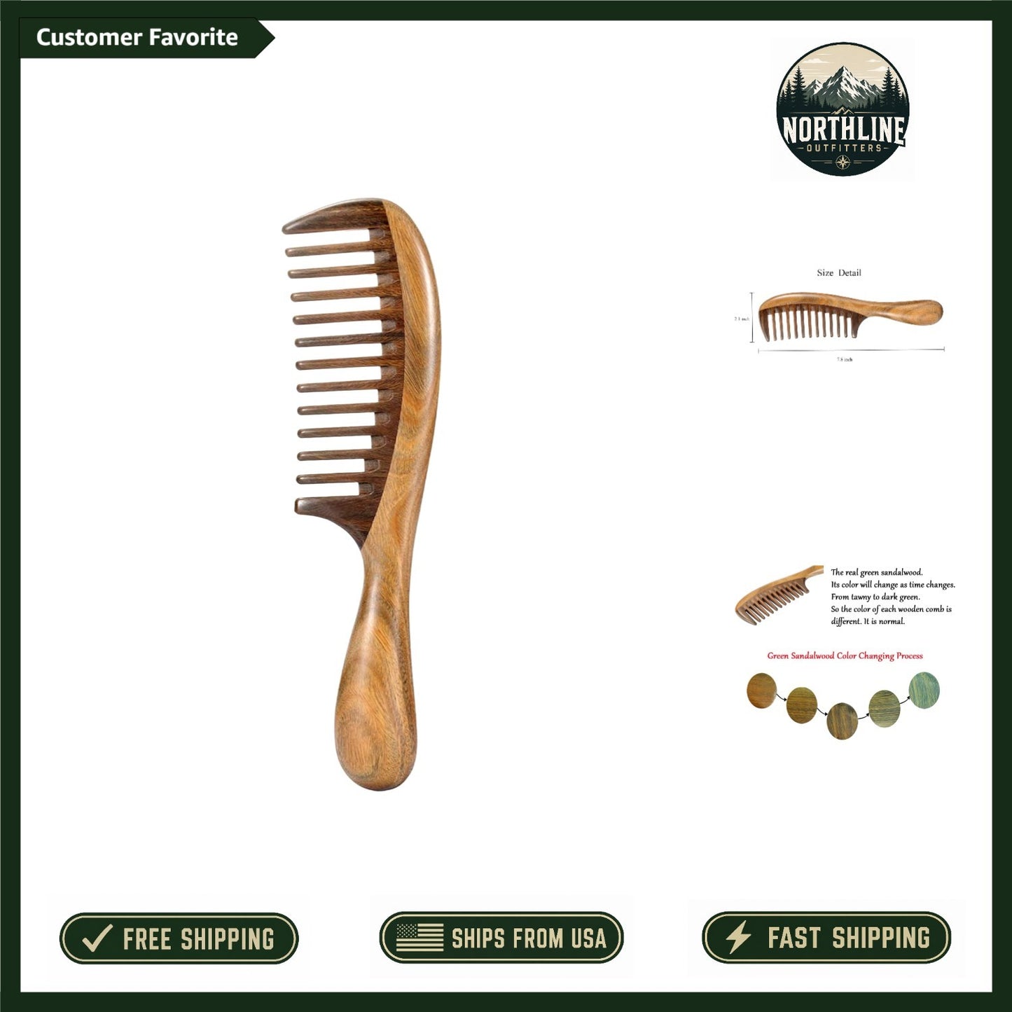 Natural Wooden Wide Tooth Comb for Curly Hair - Reduces Snagging & Breakage