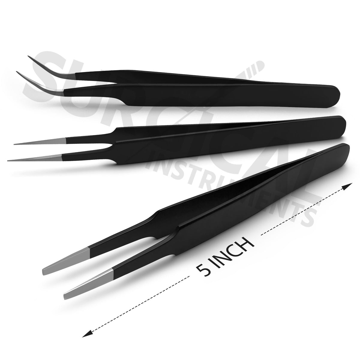 Precision Tweezers Set with Extra Fine, Angled, Blunt Tips for Electronics - Black