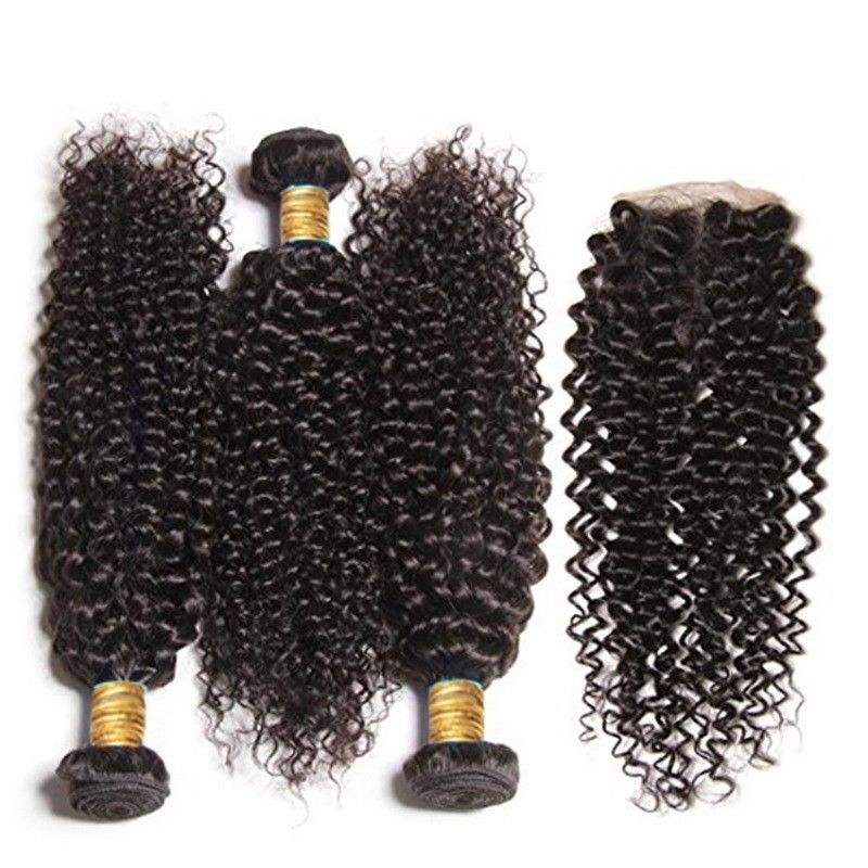 Brazilian Kinky Curl Virgin Human Hair Bundles & Closure Set - Natural Black