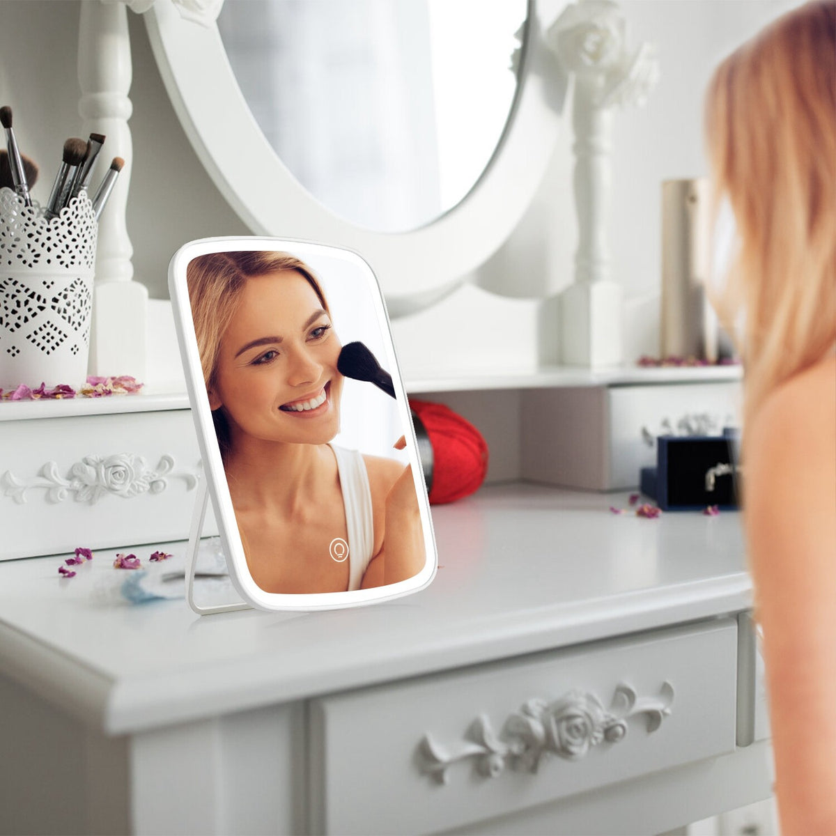 LED Travel Makeup Mirror with 3 Light Colors & Dimmable LED Lighting