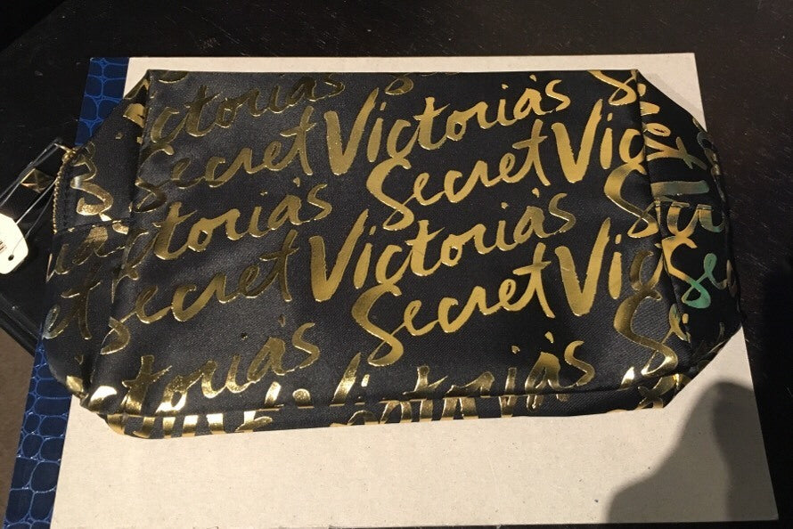 Victoria's Secret Black and Gold Nylon Cosmetic Bag - Travel Toiletry Organizer