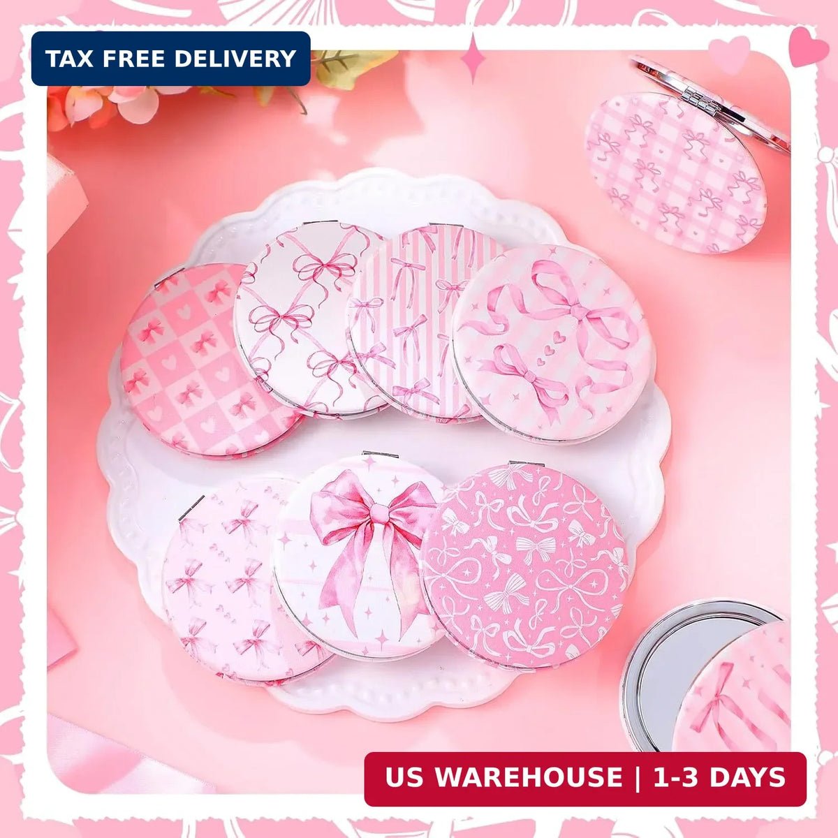 Pink Bow Compact Mirrors Set - Double-Sided Makeup Mirrors with Magnification, Portable and Stylish for Women & Girls