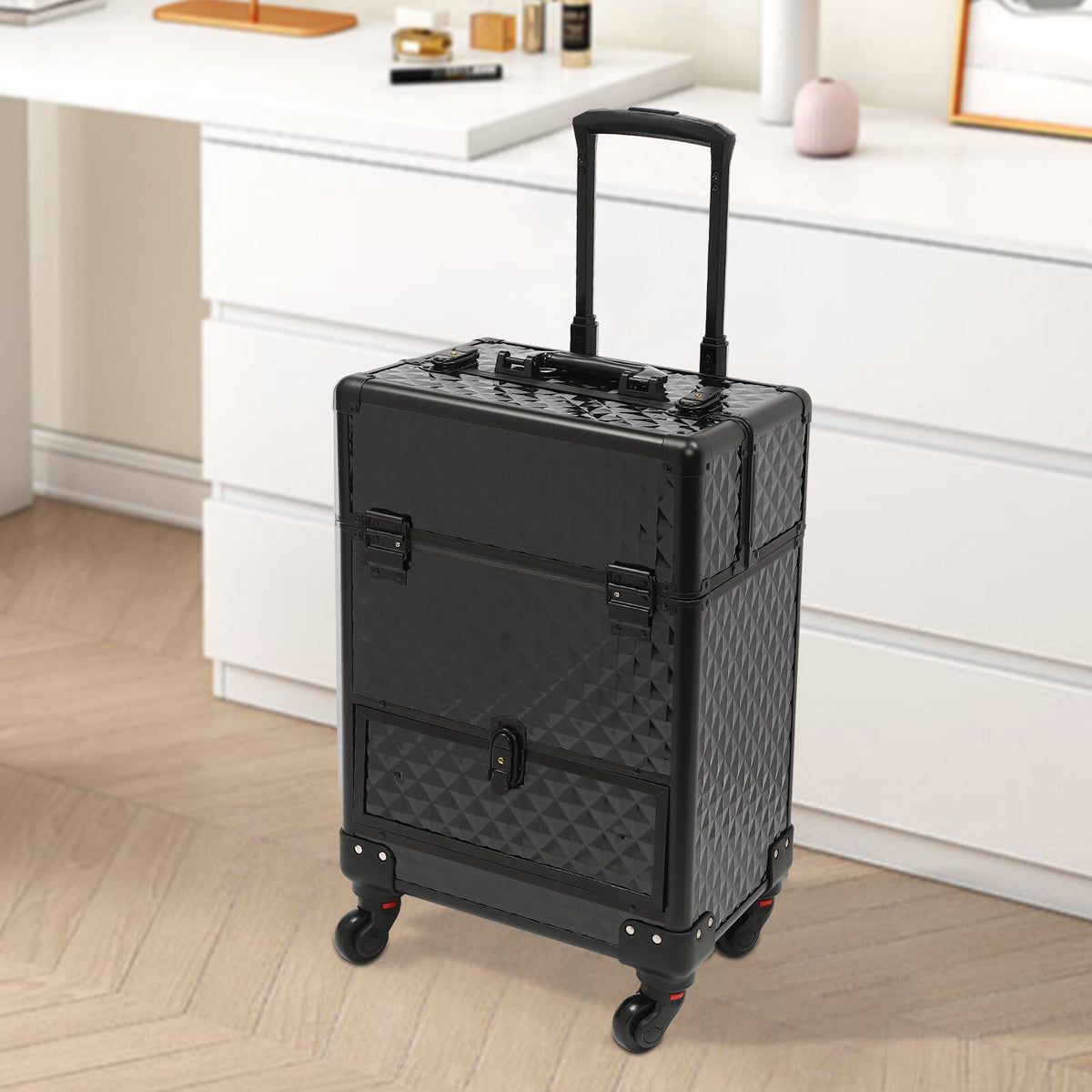 Rolling Makeup & Nail Desk Station with 7 Compartments - Black