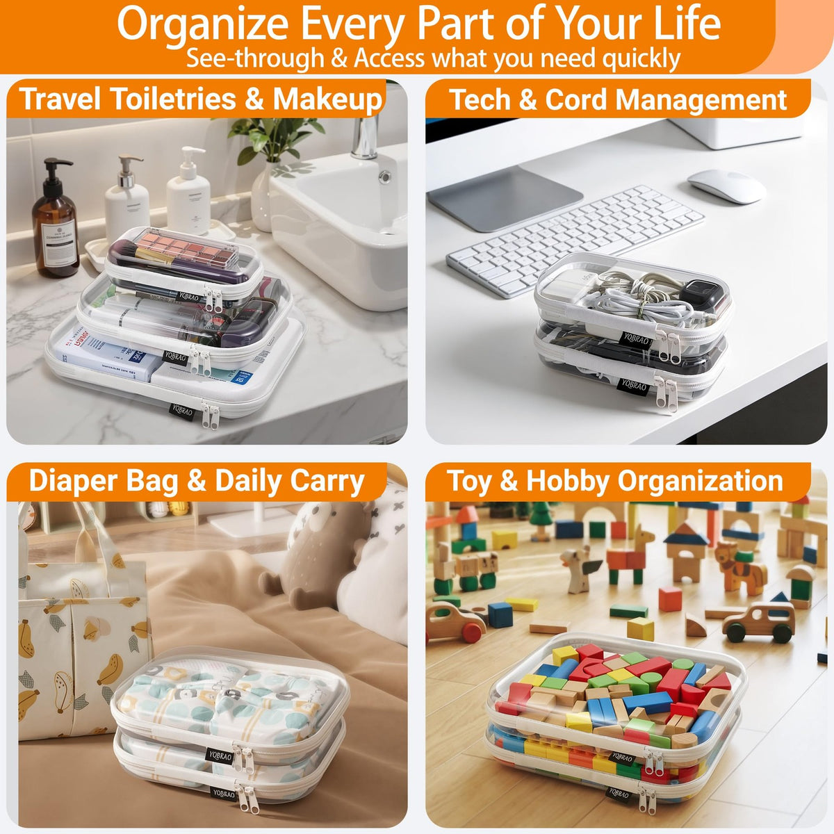 3-Piece Clear Hard Shell Zipper Case Set for Travel, Storage & Organization