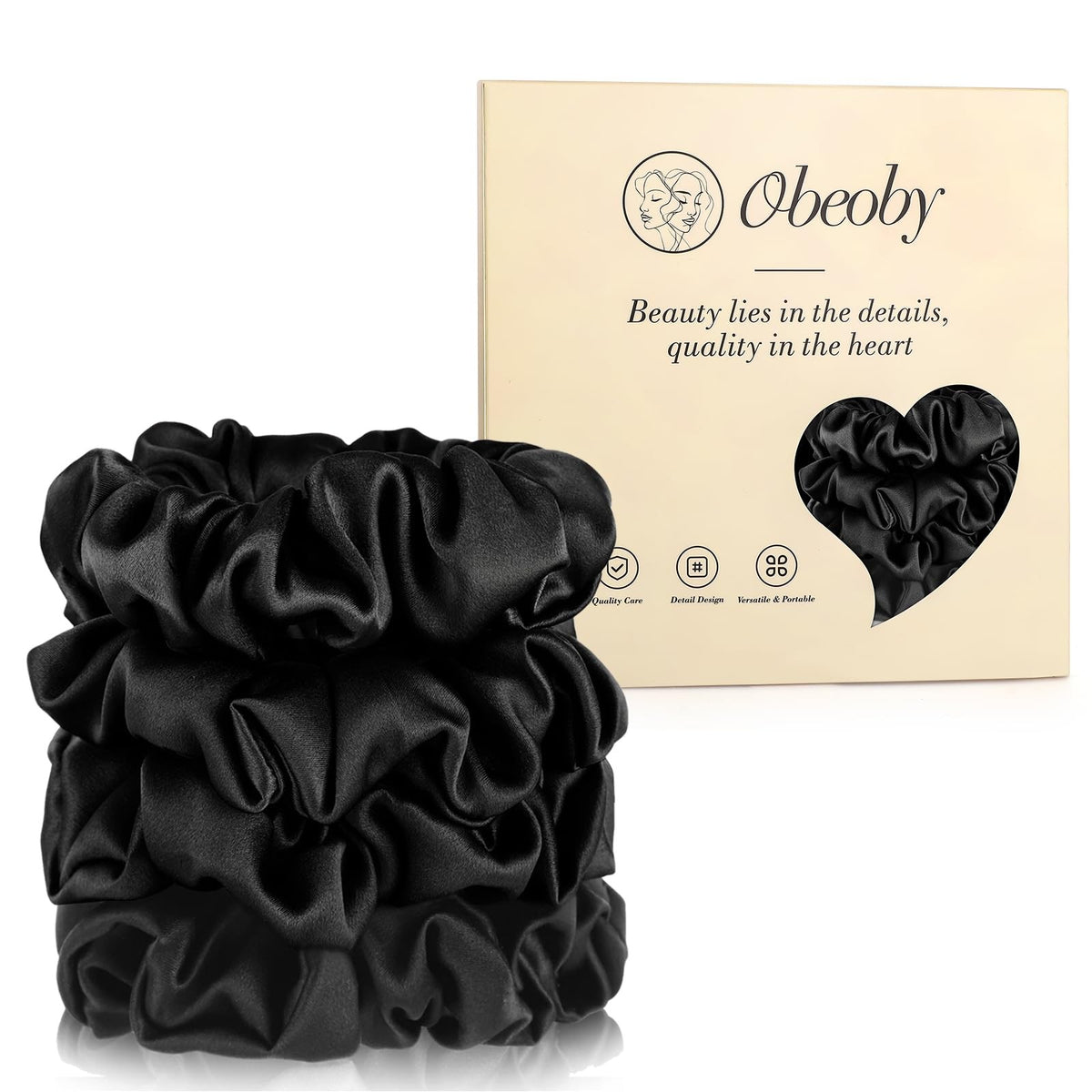 100% Mulberry Silk Scrunchies for Work, 4 1 Count (Pack of 4), Black