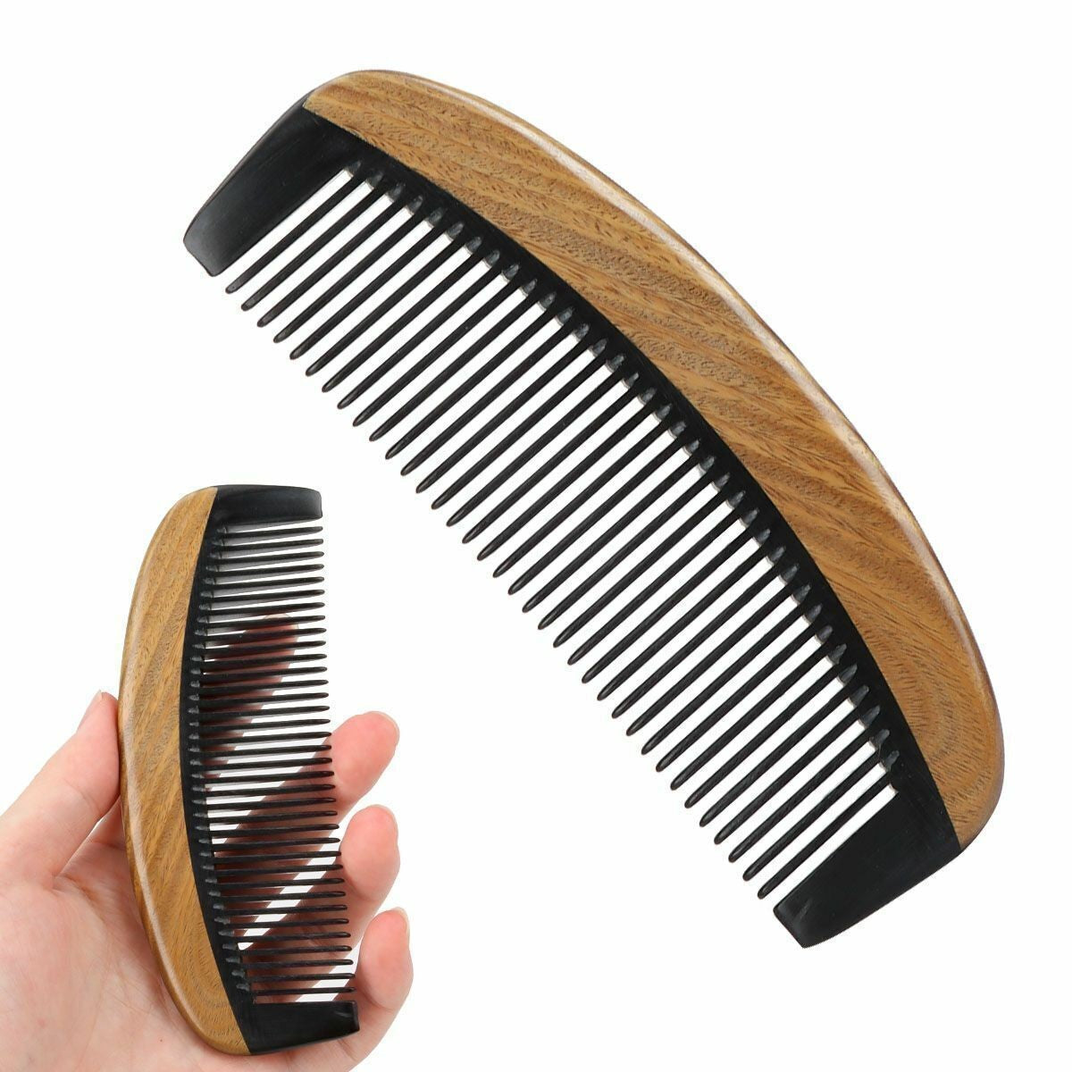 Beard Comb Natural Black Ox Horn & Sandalwood Handle Handmade Anti-Static Grooming Tool