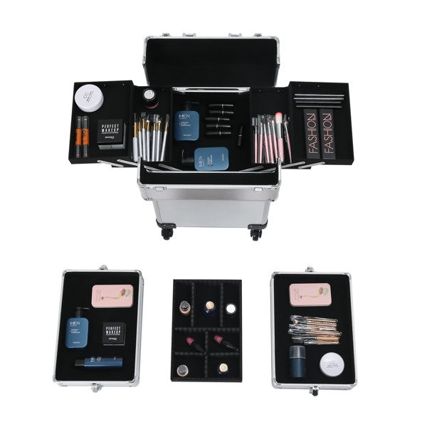 Aluminum Makeup Train Case with Wheels, Portable Cosmetic Organizer