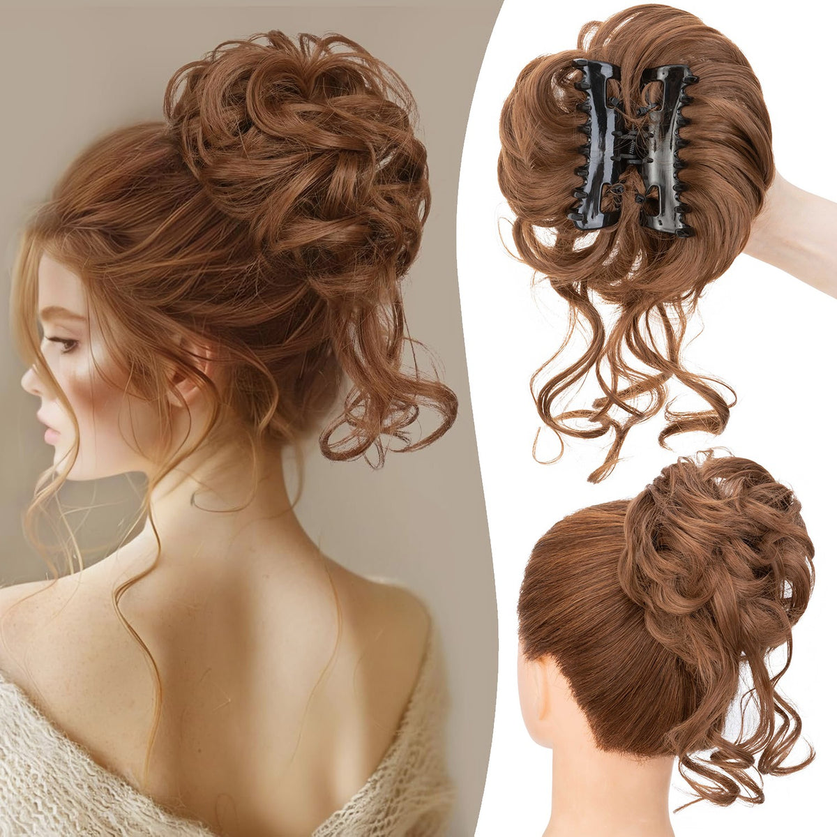 Thick Messy Curly Hair Bun Claw Clip Extensions - Multiple Colors & Lengths